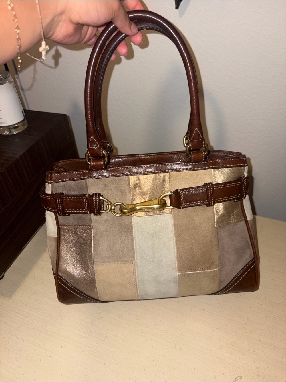 Coach Patchwork Suede & Leather Handbag - Brown/Beige